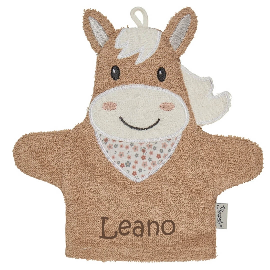 Sterntaler Waschlappen personalisiert mit Name | Pferd Sunny beige