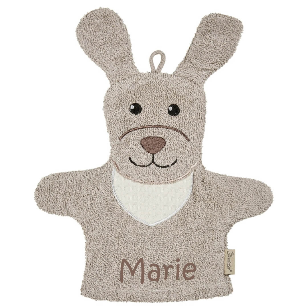 Sterntaler Waschhandschuh mit Namen bestickt | Hund Lucky sand