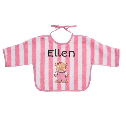 Geschenk auf Geburt Teddy rosa streifen Lätzchen und Namen