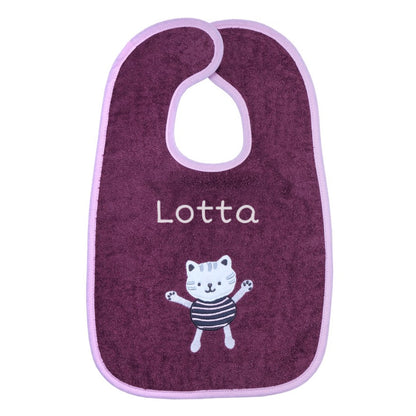 Klettlätzchen Katze lila Geburtsgeschenk