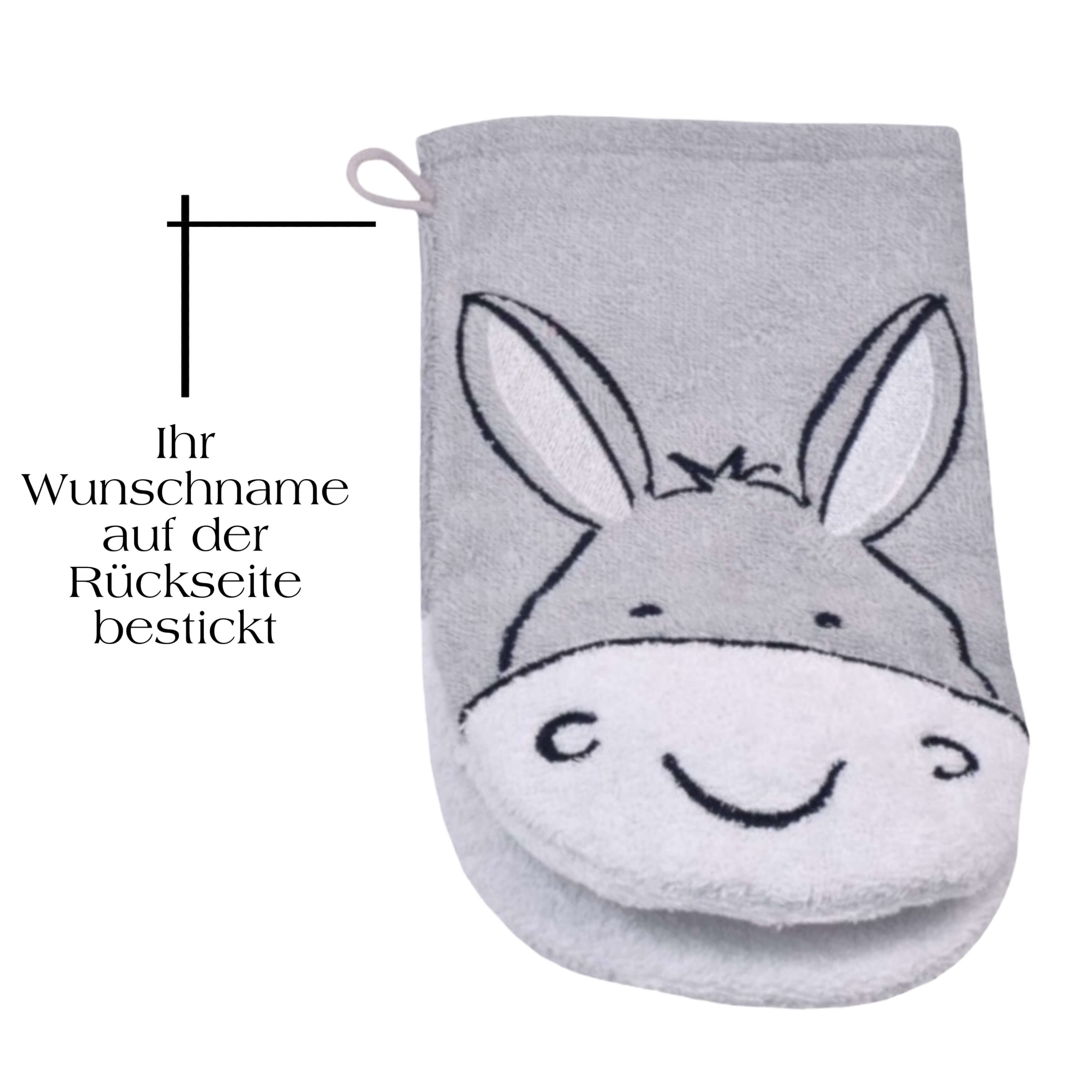 Baby Waschhandschuh personalisiert mit Name | Esel grau