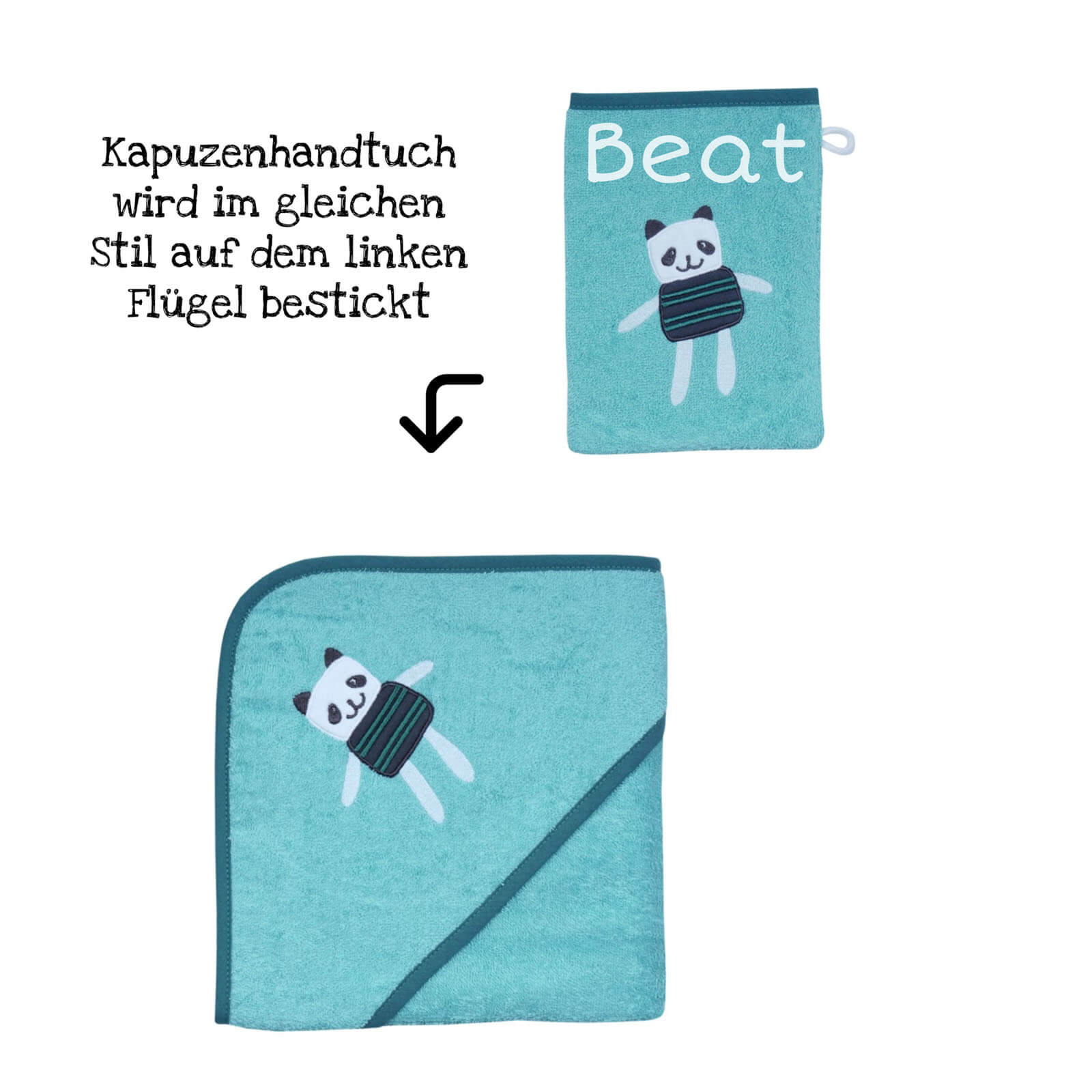 Babyhandtuch mit Namen und Kapuze SET mit Waschlappen | Bär mint