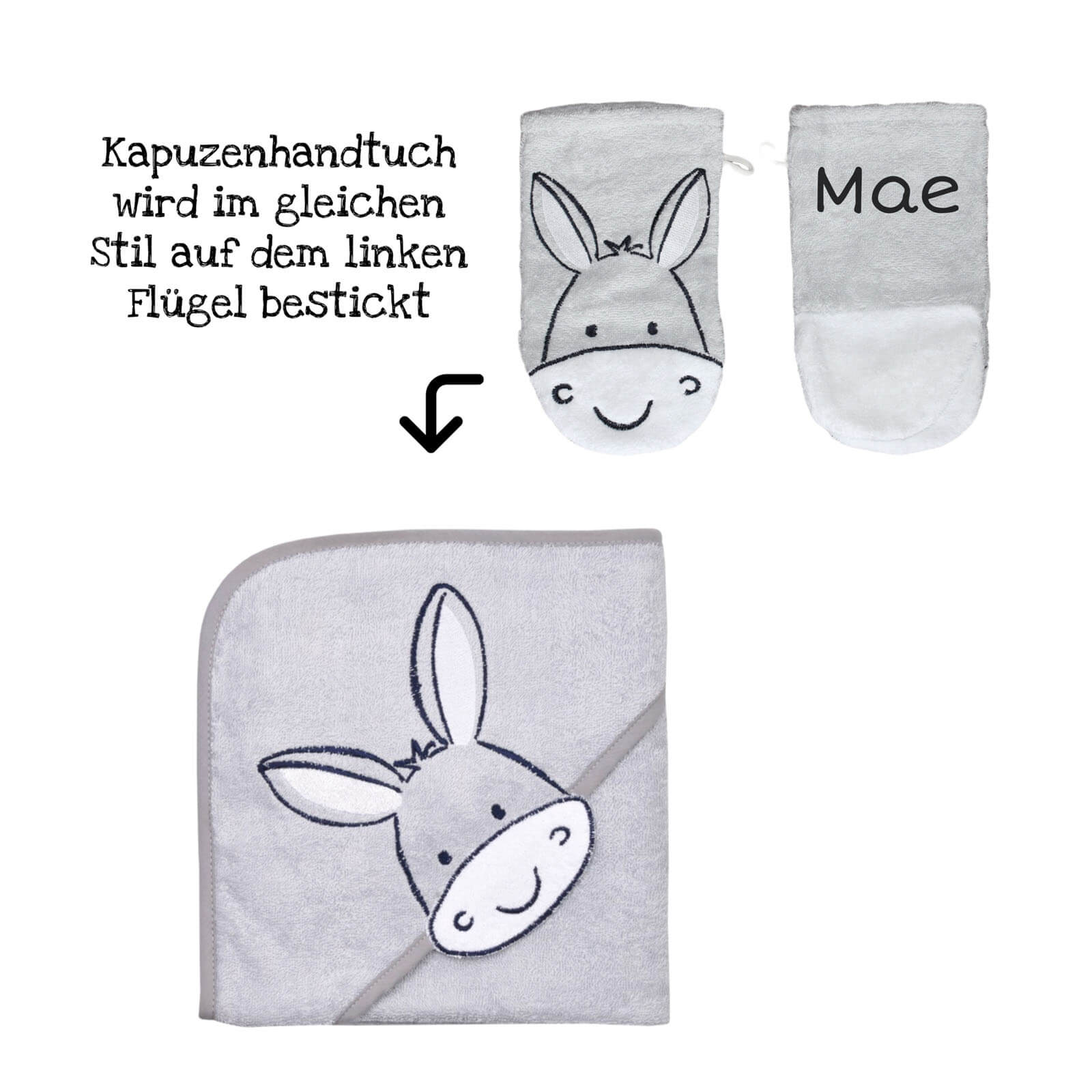 Baby Handtuch Set mit Waschhandschuh | Handtuch mit Kapuze | Esel grau