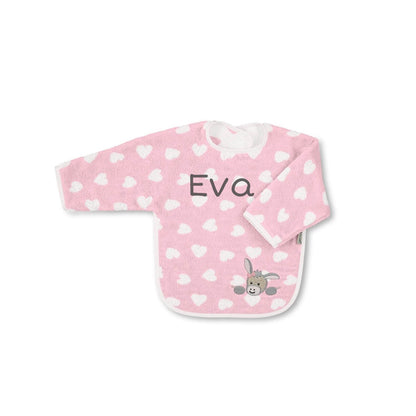 Glückwünsche zur Geburt eines Kindes ausdrücken mit einem bestickten Lätzchen Sterntaler rosa Esel