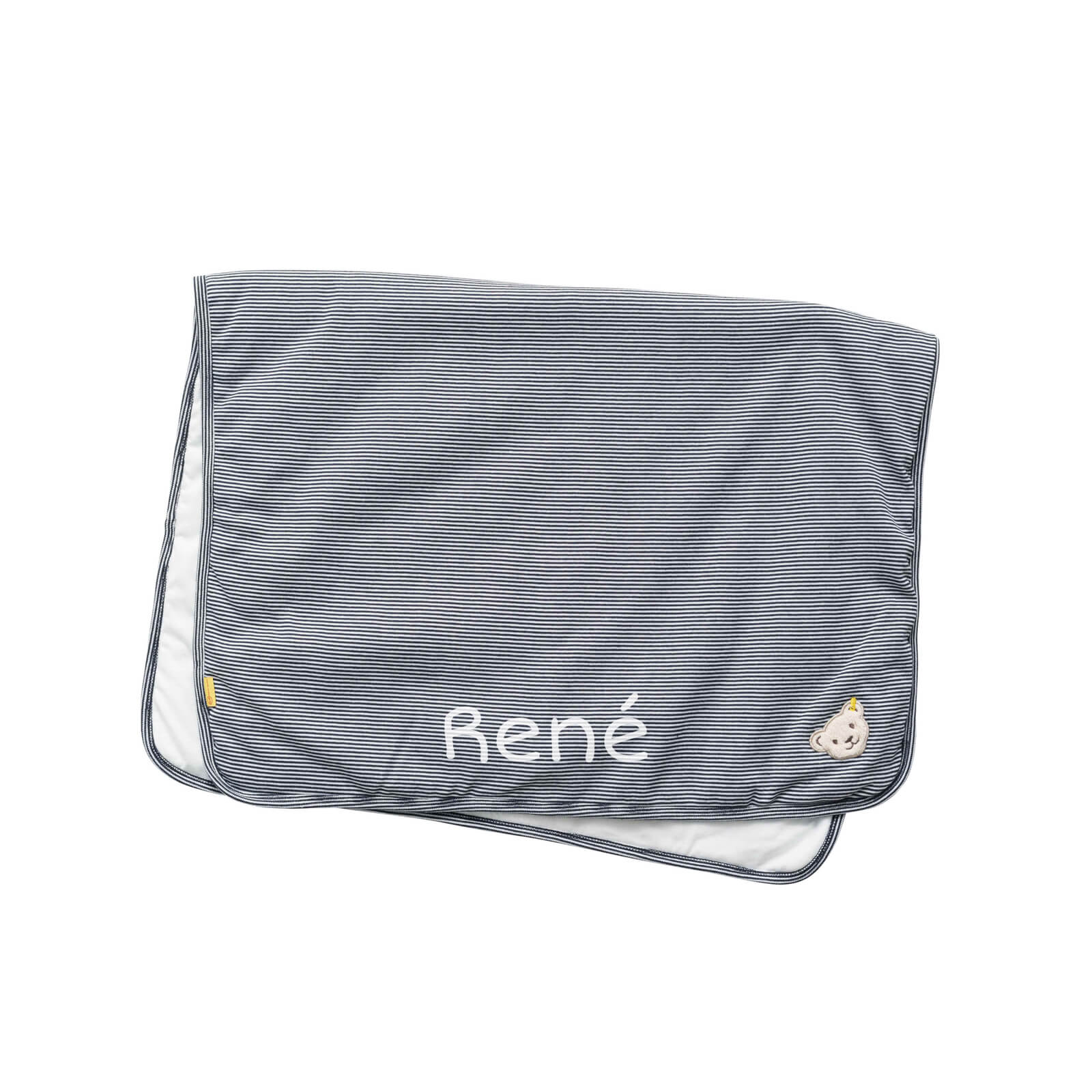 personalisierte Babydecke Steiff marine Streifen
